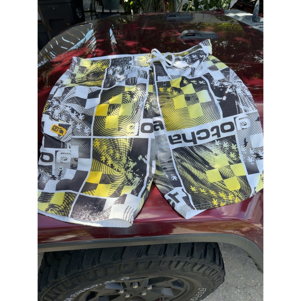 Gotcha Mens Board Shorts Size 38 Yellow Black White Graphic Print Surf Trunks